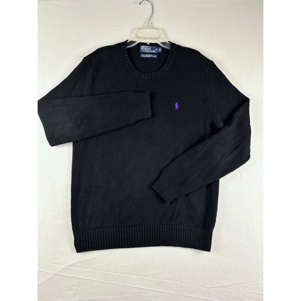 Polo Ralph Lauren Mens Black Cotton Crewneck Sweater Purple Pony Logo Size M